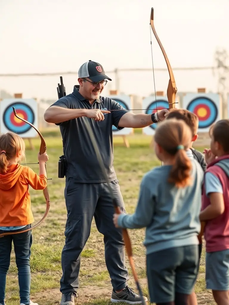 An image of young archers receiving guidance from a coach during a youth archery program at CLUB DES ARCHERS TULLISTES, highlighting youth development.