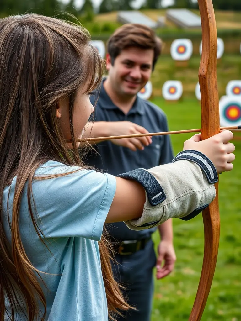 A focused shot of an archer pulling back the bowstring, aiming at a target during a training session at CLUB DES ARCHERS TULLISTES, showcasing precision and focus.