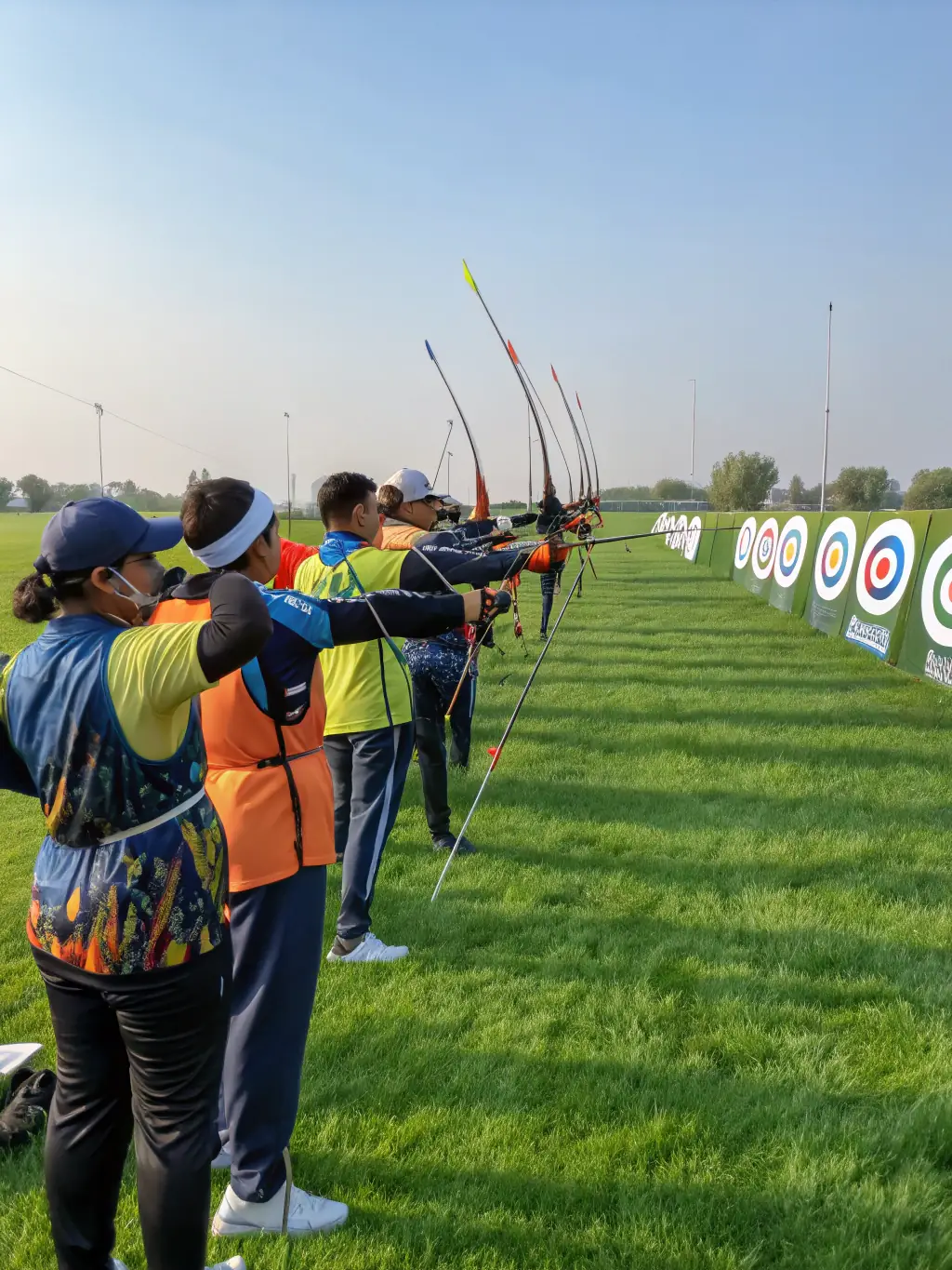 A group of young archers participating in a beginner's archery class at CLUB DES ARCHERS TULLISTES, learning the basics of stance and aiming.