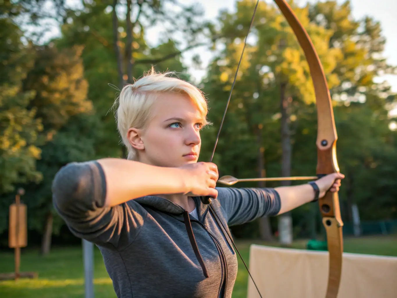 An archer maintaining perfect posture and control while aiming, highlighting the physical and mental coordination required in archery.