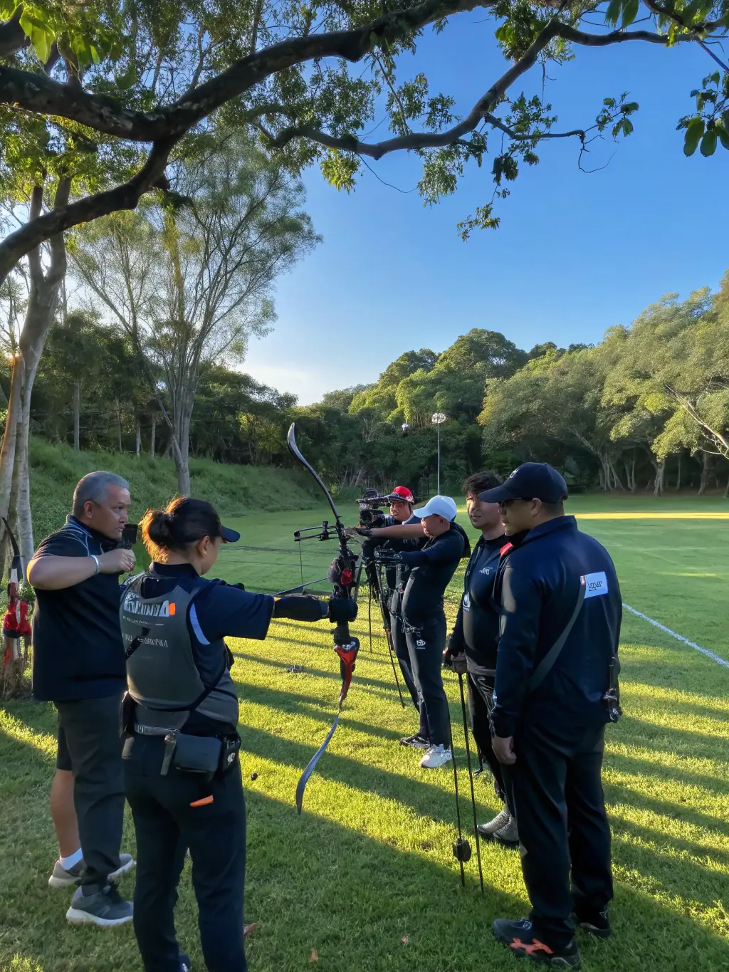 A coach providing personalized instruction to an archer during a one-on-one coaching session at CLUB DES ARCHERS TULLISTES.