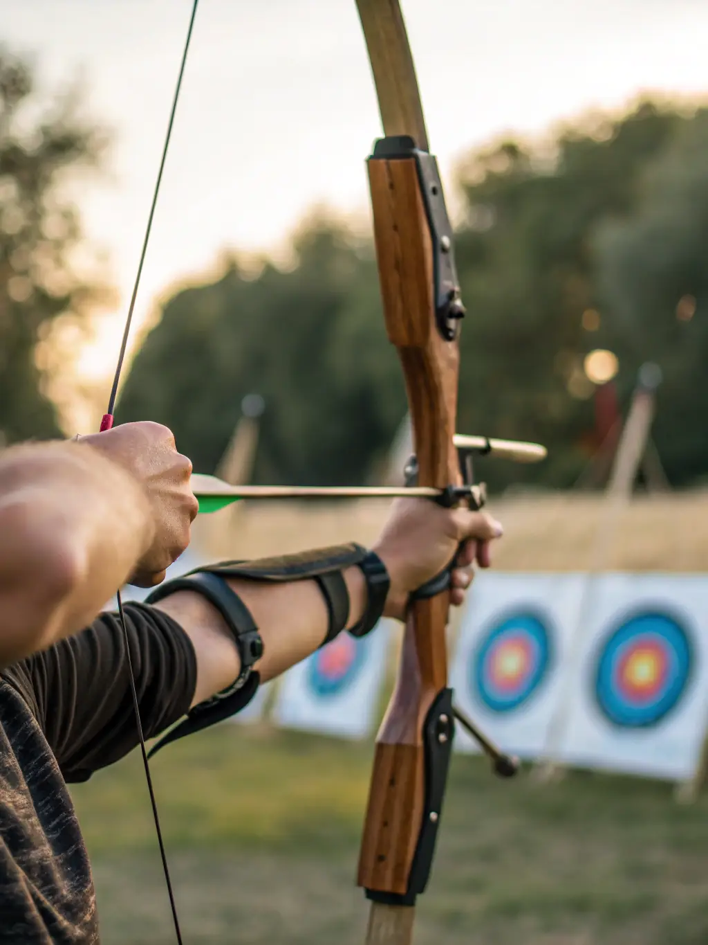 A focused archer drawing back their bow during an advanced training session at CLUB DES ARCHERS TULLISTES, demonstrating precision and control.