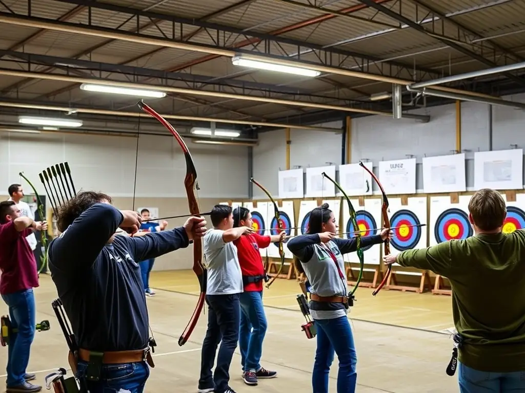 A photograph capturing the intensity and focus of archers competing in a local archery tournament organized by CLUB DES ARCHERS TULLISTES, showcasing various age groups and skill levels.