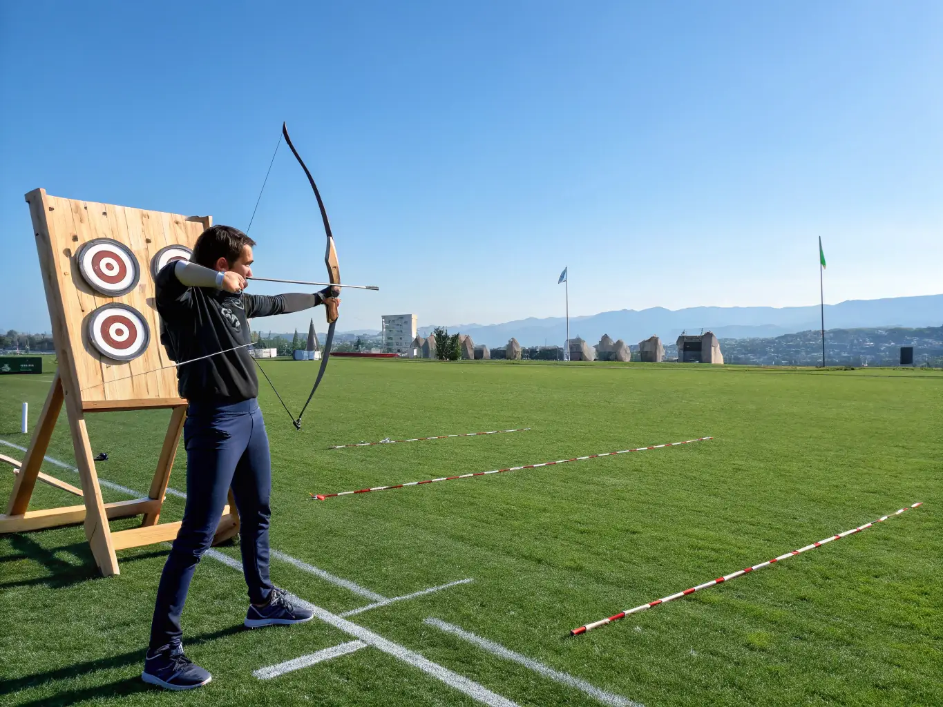 A focused archer, drawing back their bow with perfect form, set against a backdrop of a well-maintained archery range with clear target markings.