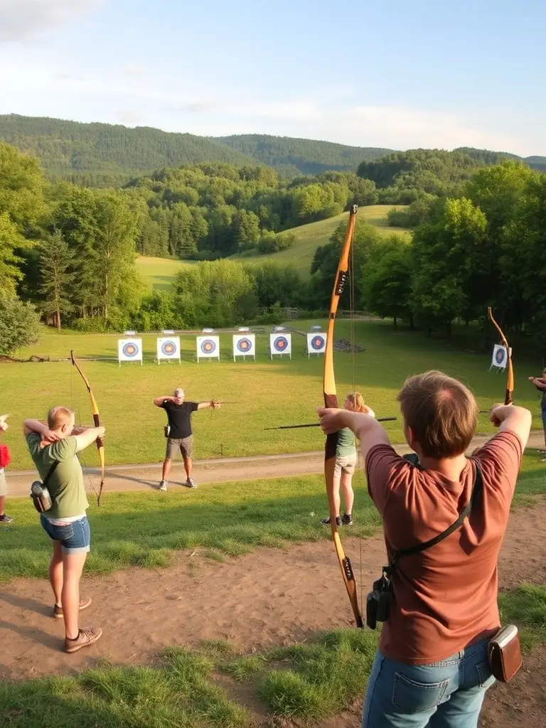 A group of archers of different ages participating in a friendly archery competition at CLUB DES ARCHERS TULLISTES, emphasizing community and sportsmanship.