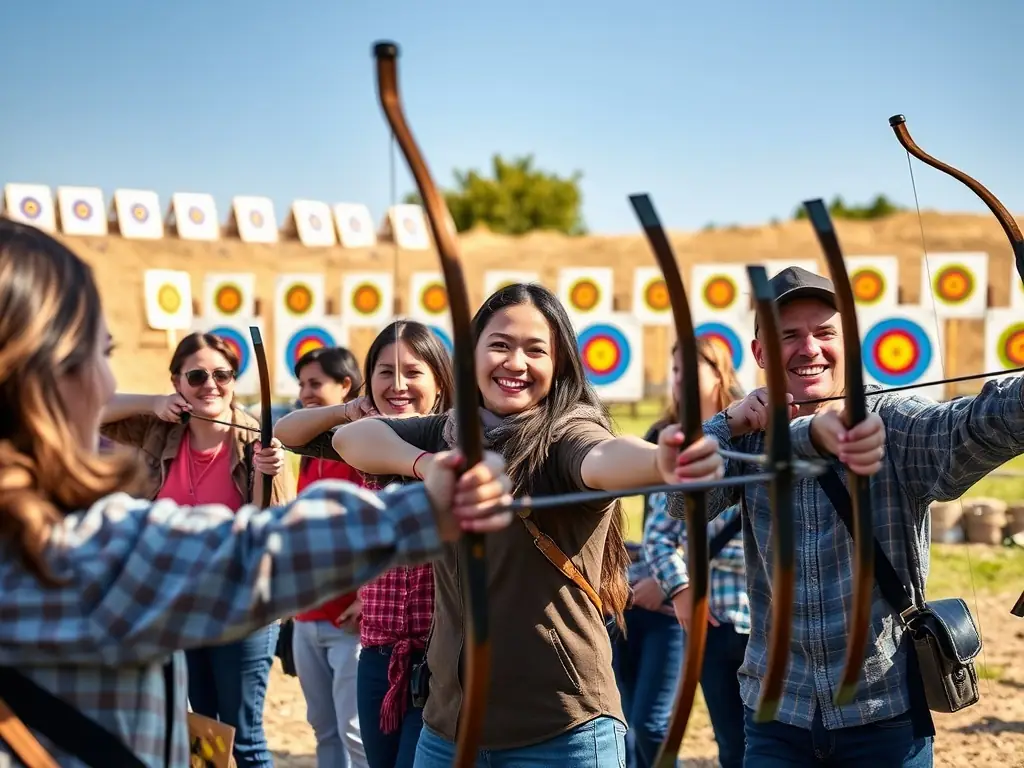 A group of archers of varying ages and backgrounds, practicing together on the archery range, showcasing the inclusive environment of the club.